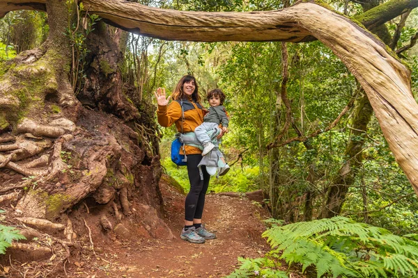 Nainen Poika Katsomassa Puuta Polulla Garajonayn Kansallispuiston Sammalpuumetsässä Gomerassa Kanariansaarilla — kuvapankkivalokuva