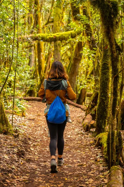 Kvinna Garajonay Spår Den Naturliga Parken Skogen Gomera Kanarieöarna Trail — Stockfoto