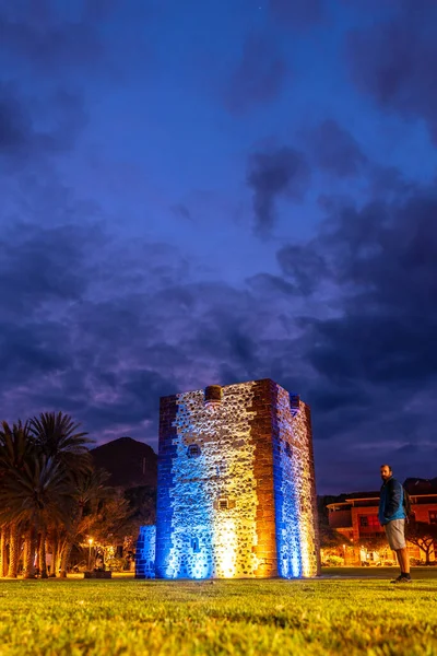 stock image Night landscape at the Torre del Conde illuminated at night in San Sebastian de La Gomera, Canary Islands.