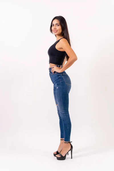 Brunette Woman White Background Casting Studio Photos Jeans Black Shirt — Stock Photo, Image