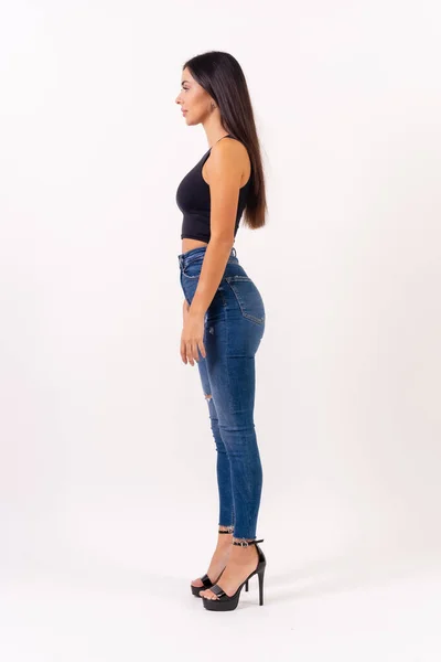 Brunette Woman Casting Photos White Background Jeans Black Shirt Profile — Stock Photo, Image