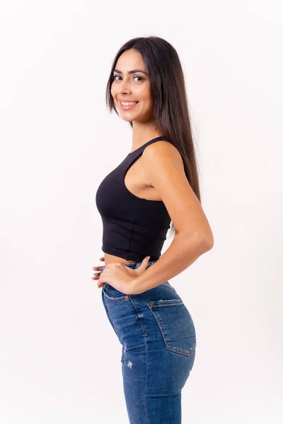 Brunette Woman White Background Casting Studio Shots Portrait Jeans Smiling — Stock Photo, Image