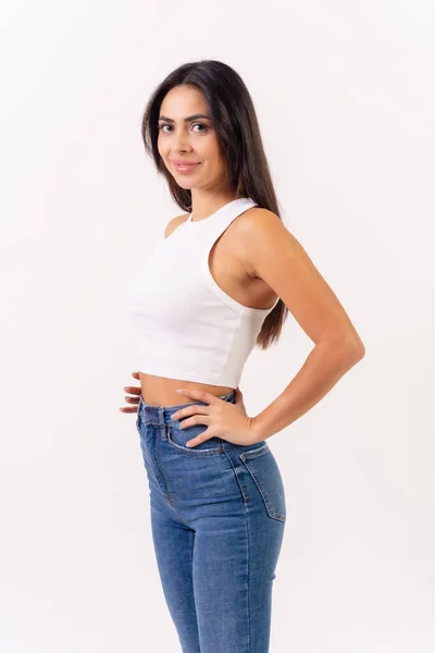 Brunette Woman White Background Casting Studio Shot Portrait Attractive Young — Stock Photo, Image
