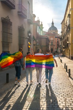 Sırtı gökkuşağı bayraklarıyla gösteriye dönük bir adam, şehirde eşcinsel gurur partisi, Igbt konsepti