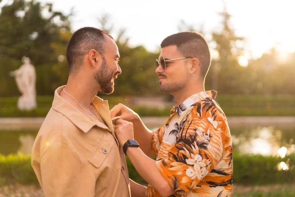 Pareja Homosexual Abrazándose Dándose Beso Mirando Atardecer Parque Ciudad Diversidad —  Fotos de Stock
