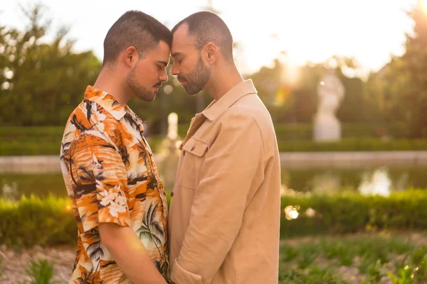 Portrait Romantique Couple Homosexuel Embrassant Coucher Soleil Dans Parc Ville — Photo