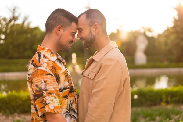 Retrato Romántico Una Pareja Homosexual Abrazándose Atardecer Parque Ciudad Diversidad —  Fotos de Stock