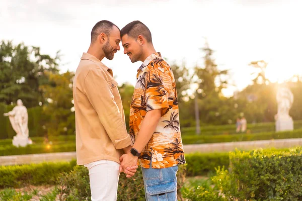 在城市的一个公园里 一对同性恋夫妇在日落时相互凝视着对方的浪漫画像 多样性和Lgbt概念 — 图库照片