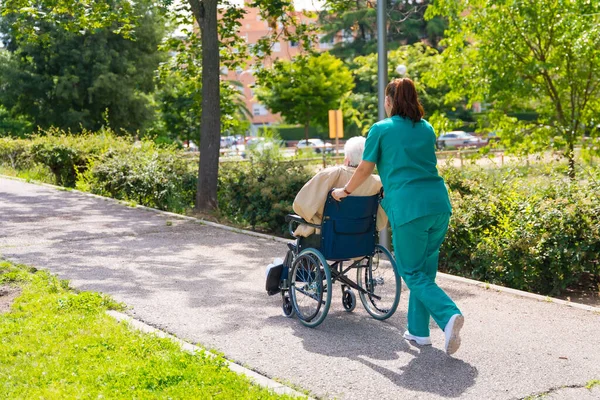 Äldre Kvinna Med Sjuksköterskan Promenad Trädgården Ett Äldreboende Rullstol — Stockfoto