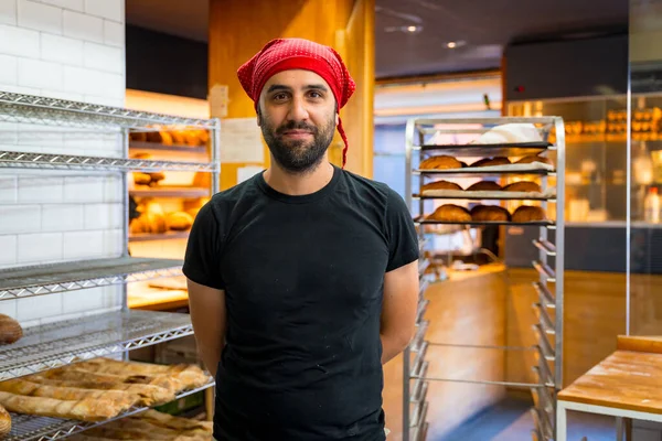 stock image Corporate portrait of bakery manager in workshop of artisan bakery