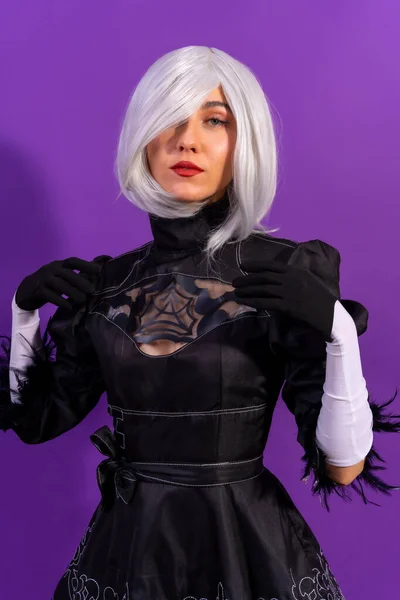 Portrait Cosplay Woman Black Costume White Wig Studio Purple Background — Stock Photo, Image