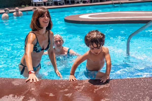 Mother Grandmother Having Fun Grandson Swimming Pool Summer Vacation Enjoying — Stock Photo, Image