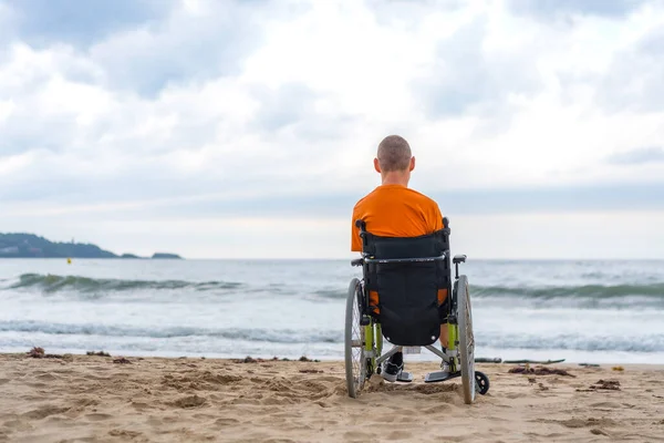 뒤에서 휠체어를 여름에 해변을 바라보고 — 스톡 사진