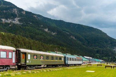 Pireneler 'deki Canfranc tren istasyonundaki eski vagonların görüntüsü. İspanya