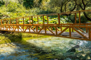  Arnavutluk 'un güneyindeki dağlarda meydana gelen doğal bir olay olan Mavi Göz' den gelen nehir üzerindeki ahşap köprü.