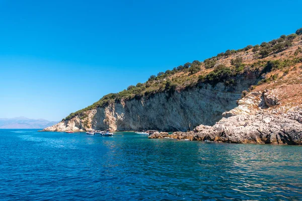 Gremina Beach Seen Boat Albanian Riviera Sarande Turquoise Sea Water — Stock Photo, Image