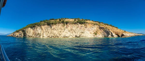Panorama Plaży Gremina Widziana Łodzi Albańskiej Riwierze Pobliżu Sarandy Turkusowa — Zdjęcie stockowe