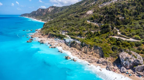 Lefkas의 메갈리 페트라 해변에 아름다운 명확한 청록색과 드론에서 그리스 — 스톡 사진