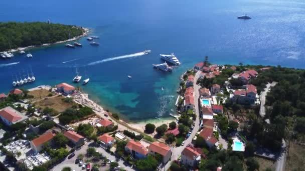 Widok Lotu Ptaka Port Miejscowości Fiskardo Wyspie Kefalonia Grecja — Wideo stockowe