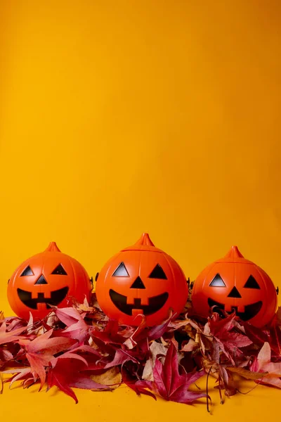 잎으로 노란색 스튜디오 배경에 할로윈 오렌지 — 스톡 사진