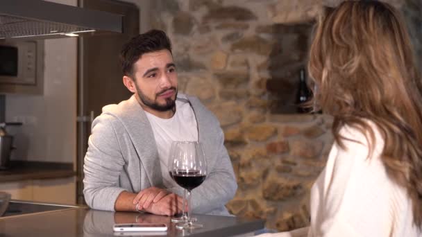 Couple Prenant Verre Vin Lors Une Soirée Romantique Dans Cuisine — Video