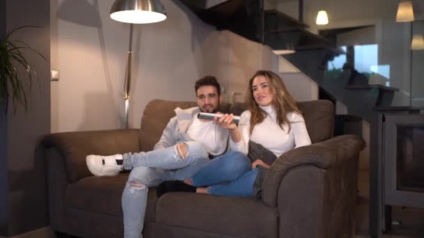 Couple Sitting Sofa Watching Some Online Series Lifestyle Couple Romantic — Stock Video