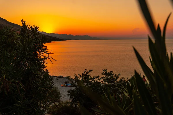 Solnedgång Vid Shkoder Lake Shiroka Kommun Sommarsemester Albanien — Stockfoto