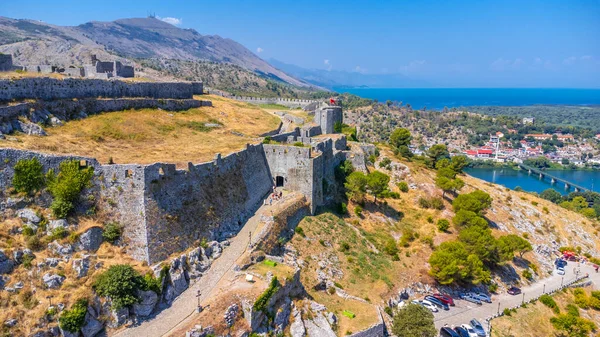 Luchtfoto Drone Uitzicht Kasteel Rozafa Stad Shkoder Muren Albanië — Stockfoto