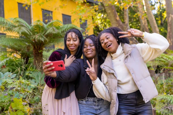 Afrikanska Amerikanska Vänner Som Visar Framgång Medan Tar Selfie Park — Stockfoto