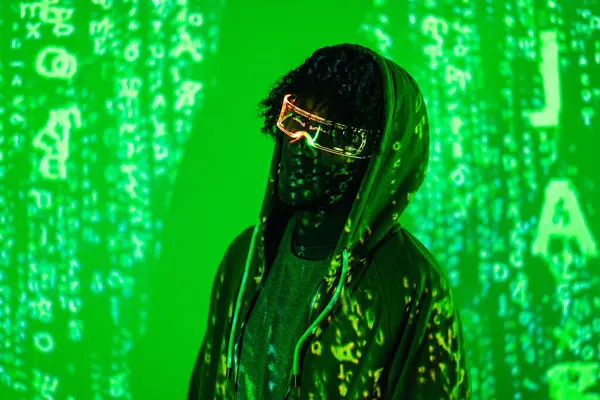Futuristic portrait of a man with Artificial intelligence glasses with green neon lights