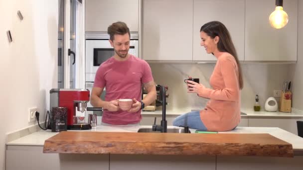 Man Preparing Coffee His Partner Kitchen Morning — Stock Video