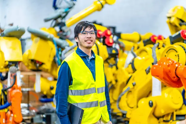 Portrait of a young japanese chief engineer of a industrial robots