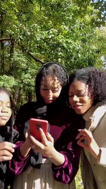 Amici Afroamericani Gesticolano Successo Mentre Scattano Selfie Parco — Video Stock