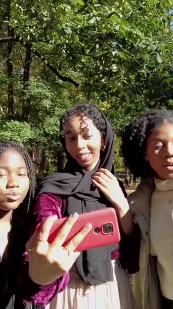 Mulheres Jovens Africanas Amigo Muçulmano Tirando Uma Selfie Parque — Vídeo de Stock