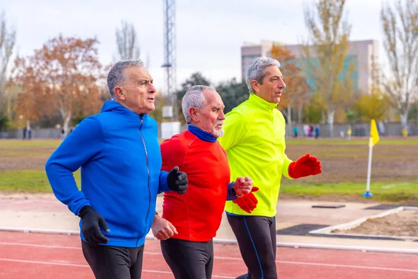 Senior sportive men with colorful sports clothes running together in an athletics field