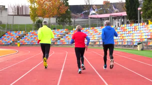 Widok Tyłu Trzy Stary Sportowy Człowiek Sprinting Lekkoatletyka Taktyka — Wideo stockowe