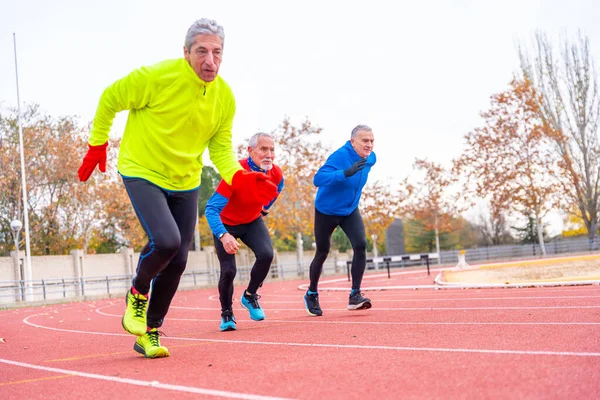 Seniorzy Biegający Torze Sportowym Świeżym Powietrzu Chłodny Zimowy Dzień — Zdjęcie stockowe