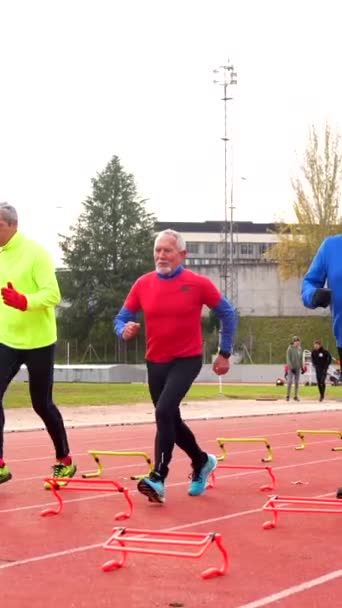 Groep Sportieve Senioren Die Winter Trainingselementen Een Hardloopbaan Buiten Voorbereiden — Stockvideo