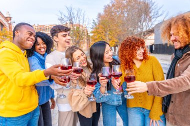 Çok ırklı arkadaşlar sokakta kırmızı şarapla gülümsüyor ve kadeh kaldırıyorlar.
