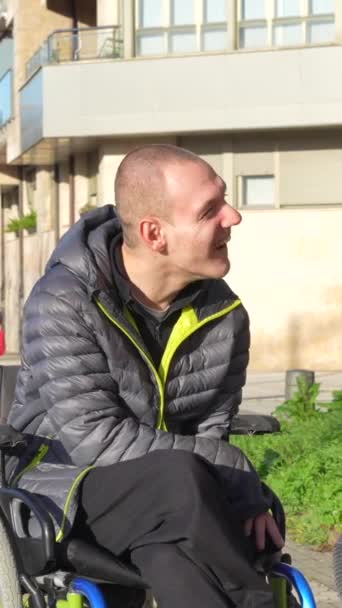 Disabled Person Wheelchair Friend Sitting Having Fun Talking — Video