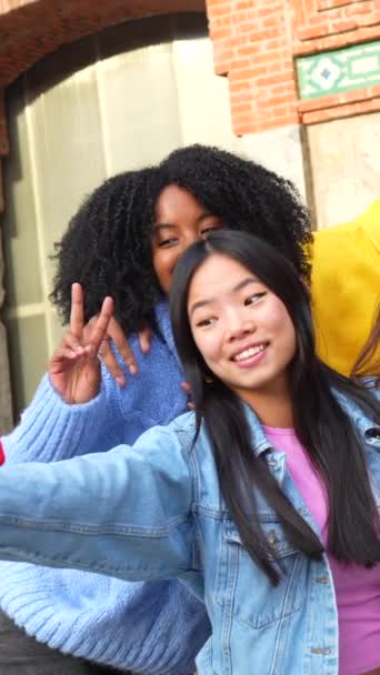 Personligt Perspektiv Kinesisk Flicka Och Olika Vänner Som Tar Selfie — Stockvideo