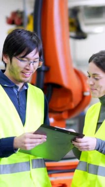 Mühendisler dijital tablet kullanarak bir robotik kol fabrikasının üretimini kontrol ediyorlar.