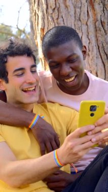 Parkta bir çift çok ırklı adam, Igbt konsepti, bir ağacın yanında oturmuş sarı bir cep telefonuyla eğleniyorlar.