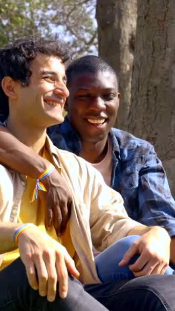 Coppia Uomini Gay Multietnici Che Parlano Tranquillamente Nel Parco Concetto — Video Stock