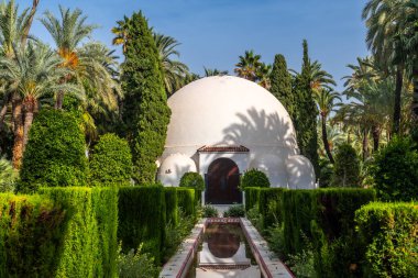 Elche şehrindeki Palm Grove parkında ziyaretçi merkezi binası ve çeşme. İspanya