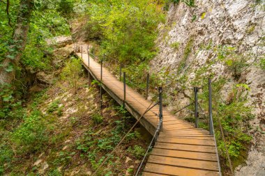 Alquezar 'daki Vero Nehri yaya köprülerinin yolu. Huesca Pireneleri