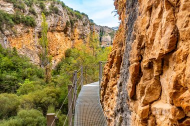 Alquezar 'daki Vero nehrinin yanındaki patikadaki dağ duvarında metal geçitler. Pireneler