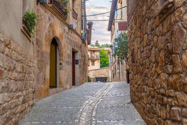 Beautiful streets of the Pyrenean town of Alquezar, medieval town of Huesca, Spain