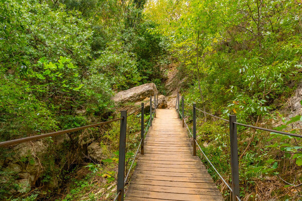 Wooden path of the Vero River walkways in Alquezar. Huesca Pyrenees