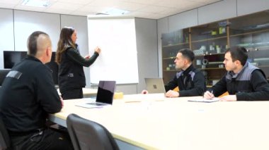 Bir fabrikanın toplantı odasında mühendislerle beyin fırtınası yaparken tahtayı kullanan bir kadın.